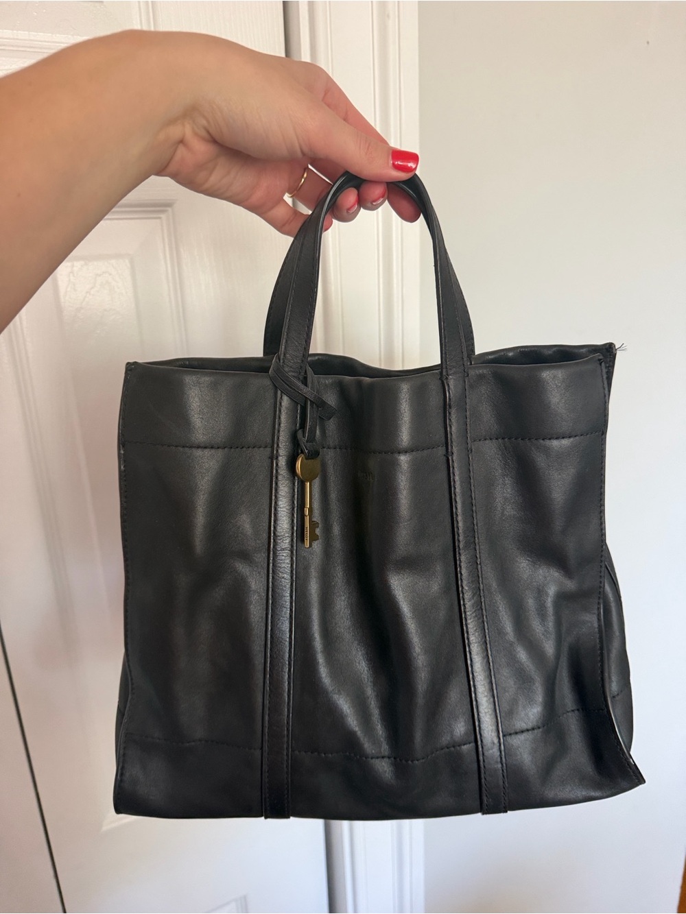 Black Leather Tote Bag with Key Charm